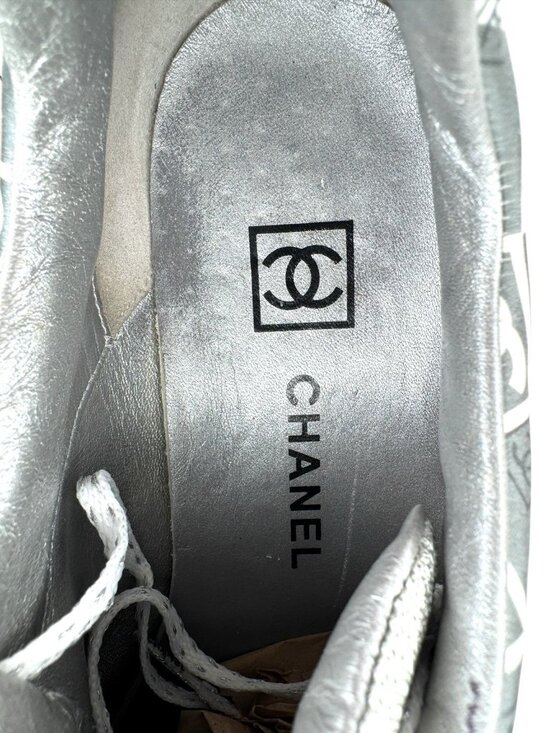 CHANEL Silver Athletic Shoes for Women for sale | eBay Chanel CC Logo Size 38 Monogram Silver Trainer Sneakers Suede Mesh Y2K